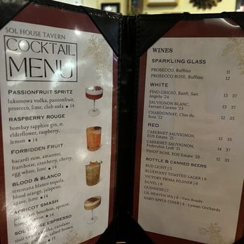 Sol House Tavern - Drink menu - Cocktail Bars Near Me - Middletown, Connecticut