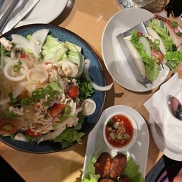 Bao buns, glass noodle salad and fish cakes