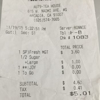 Au79 Teahouse - Found the $5.01 receipt! - Coffee & Tea Near Me - Arcadia, California