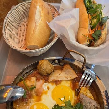 Bon Bon's Cakery and Cafe - Banh mi chao (front) Banh mi combo (top right) Oolong milk tea (top left) - Cafes Near Me - Fairfax, Virginia