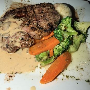 Surf N' Turf Bistro - Grilled ribeye with garlic mashed potatoes, fresh veggies - Wine Bars Near Me - St Thomas, Virgin Islands