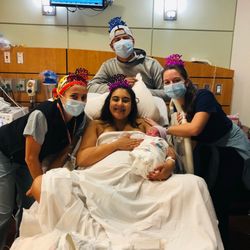 Women's Specialists of Houston - Ana Mejia, CNM and student midwife Annie after delivering me (all natural vaginal and unmedicated)