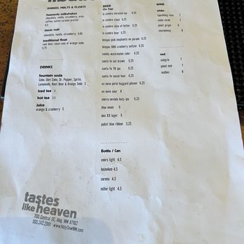 Holy Burgers - A printed menu from Holy Cow in Albuquerque features drinks, beers, wines, and food items, including milkshakes, cocktails, and bottled beers. - Burgers Near Me - Albuquerque, New Mexico