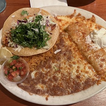 Sal's Mexican Restaurants - Prawn taco and enchilada with refried beans and rice. - Mexican Near Me - Madera, California