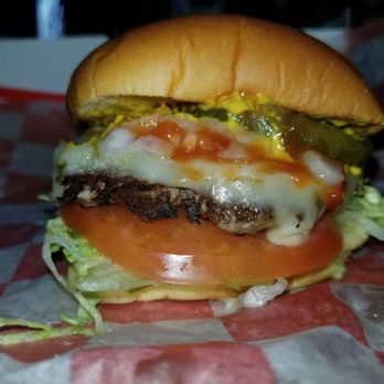 The Hamburger Stand - This is a single. So delish! Soft bun, fresh, grilled beef with crunchy veggies. Perfect!!! - Burgers Near Me - Biddeford, Maine