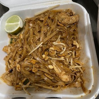 Thai Chili - chicken and noodles in a styrofoam container - Thai Near Me - Clovis, California