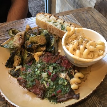 Urban Plates - Grass fed beef with chimichurri sauce, Mac and cheese and brussel sprouts. All amazing! - New American Near Me - Dublin, California Urban Plates - Grass fed beef with chimichurri sauce, Mac and cheese and brussel sprouts. All amazing! - New American Near Me - Dublin, California