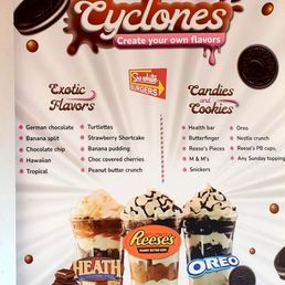 Cyclones, create your own flavors! Yummy! Exotic flavors or candies & cookies. Personally, I love the Reese's with peanut butter. Cyclones, create your own flavors! Yummy! Exotic flavors or candies & cookies. Personally, I love the Reese's with peanut butter.