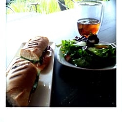 Hummingbird Tea Room & Bakery - Salmon baguette sandwich, side salad, ginger iced tea!
