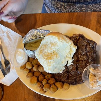 The Barn - 12oz  ribeye with fried okra and baked potato - Breakfast & Brunch Near Me - Burrton, Kansas
