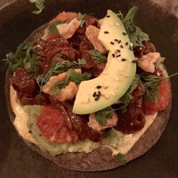 Claro - Yellowfin Tostada, Blood Orange, Avocado, Pasilla Oaxaquena, Chicarron - Mexican Near Me - Brooklyn, New York Claro - Yellowfin Tostada, Blood Orange, Avocado, Pasilla Oaxaquena, Chicarron - Mexican Near Me - Brooklyn, New York