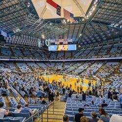 The University of North Carolina at Chapel Hill - Georgia Tech at North Carolina inside the Dean E. Smith Center. View from Level LL, Section 130, Row V, Seats 2-3. December 10, 2022.