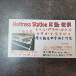 Mattress Station - Business card and hours