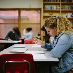 Greensboro Montessori School - An 8th grader takes a test in history class. Our Montessori curriculum meets the North Carolina Standard Course of Study for middle school.