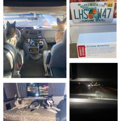 Cruise America Motorhome Rental & Sales - Girls' 1st night, they weren't comfortable yet, expired tags (we rented mid-July), crack in windshield got interior wet