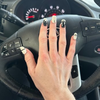Magic Nails - Flame on pointer finger. Drip on ring finger. And symmetrical on the rest with alternating white and black colors. - Nail Salons Near Me - Tulsa, Oklahoma Magic Nails - Flame on pointer finger. Drip on ring finger. And symmetrical on the rest with alternating white and black colors. - Nail Salons Near Me - Tulsa, Oklahoma