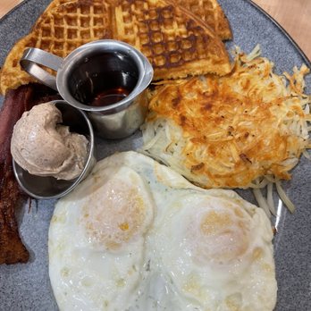 Waffle Stop - Bacon, eggs, and hashbrowns with SOUTHERN WAFFLES (corn meal waffle with cinnamon butter and syrup). - Breakfast & Brunch Near Me - Tacoma, Washington Waffle Stop - Bacon, eggs, and hashbrowns with SOUTHERN WAFFLES (corn meal waffle with cinnamon butter and syrup). - Breakfast & Brunch Near Me - Tacoma, Washington