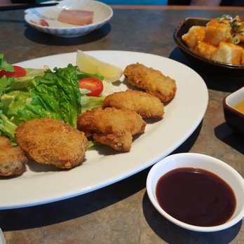 Ikoi Sushi - Kaki fry (deep-fried oysters), spicy agedashi tofu, and sauces. - Japanese Near Me - New Westminster, British Columbia Ikoi Sushi - Kaki fry (deep-fried oysters), spicy agedashi tofu, and sauces. - Japanese Near Me - New Westminster, British Columbia