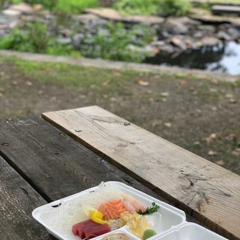 Algonquin Park - A white disposable takeout container with sashimi, including slices of salmon, tuna, and possibly yellowtail, is placed on a weathered wooden picnic table outdoors. The container also holds wasabi, soy sauce, and garnishes like a lemon wedge and parsley. The background features a park with a pond, rocks, grass, and trees, creating a natural setting. - Parks Near Me - Newburgh, New York