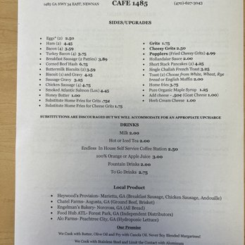 Cafe 1485 - Breakfast Menu - Side 2 - Burgers Near Me - Newnan, Georgia