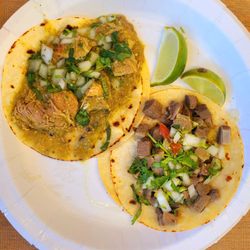 Chile Verde cerdo (green Chile pork) taco & lengua (tongue) taco