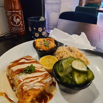 Miso - Grilled salmon, Kim chee, Japanese marinated cucumber, and brown rice with a cup of hot green tea - so good - Sushi Bars Near Me - Stillwater, Oklahoma Miso - Grilled salmon, Kim chee, Japanese marinated cucumber, and brown rice with a cup of hot green tea - so good - Sushi Bars Near Me - Stillwater, Oklahoma