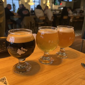 Faces Brewing - 5 oz pours of Nitro Big Foot Gas Pedal, Lychee Strawmonster, and Jacuzzi Lovechild - Brewpubs Near Me - Malden, Massachusetts