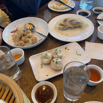 Yang Kee Dumpling - Bottom: Pan Fry Pork Buns Left: salt pepper fish filet Right: cabbage pork potstickers - Dim Sum Near Me - Davis, California