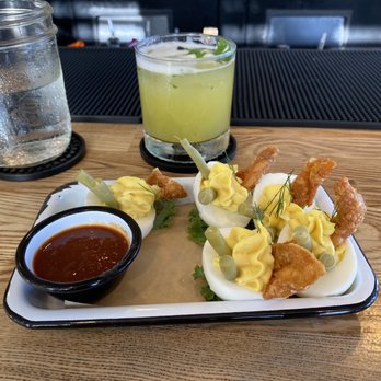 Fish Bar Deli - Bikini wax cocktail and deviled eggs with dilly beans and chicken skin cracklings. - Seafood Markets Near Me - Kapaa, Hawaii