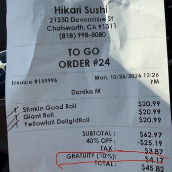 Hikari Sushi - Sushi Bars Near Me - Chatsworth, California