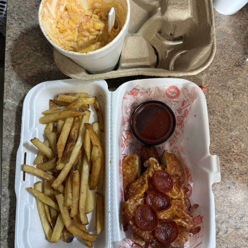 Oh My Dogo - Corn in a cup, kids short pizza hot dog with French fries & ketchup. - Food Trucks Near Me - Helotes, Texas Oh My Dogo - Corn in a cup, kids short pizza hot dog with French fries & ketchup. - Food Trucks Near Me - Helotes, Texas