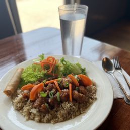 Orange Chicken over fried rice with an order of (1) Vietnamese eggroll. Orange Chicken over fried rice with an order of (1) Vietnamese eggroll.