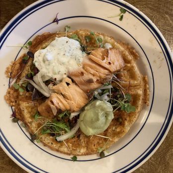 PRESS Coffee Crêpes Cocktails - Salmon Waffle - Creperies Near Me - Graham, North Carolina
