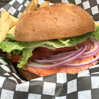 Wildside Grill - Best gluten bun and salmon burger of my life! - Seafood Near Me Wildside Grill - Best gluten bun and salmon burger of my life! - Seafood Near Me