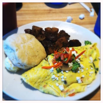 Ginger Sue's - The farmer's market omelet, comes with potatoes and a biscuit. The biscuits are to die for! - Breakfast & Brunch Near Me - Olathe, Kansas Ginger Sue's - The farmer's market omelet, comes with potatoes and a biscuit. The biscuits are to die for! - Breakfast & Brunch Near Me - Olathe, Kansas