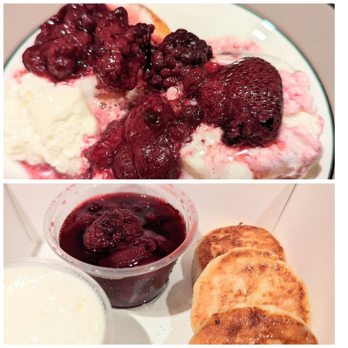 Lele Cake - Syrniki (Farmers Cottage Cheese Pancakes w/Berries Couli & Whipped Sour Cream, $16)- 3.5/5 stars - Coffee & Tea Near Me - Los Gatos, California