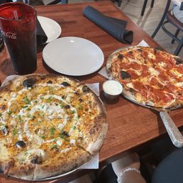 Buffalo Pizza (without bacon), Standard Pepperoni Pizza (with a ranch on the side)