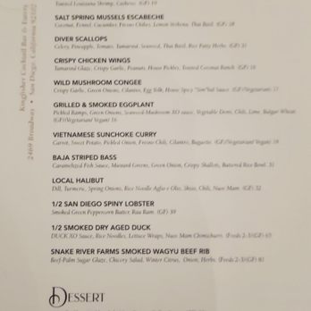 Kingfisher - Food side of the menu - Vietnamese Near Me - San Diego, California