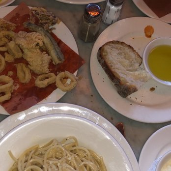 Morandi - Full spread with half-eaten Fritto Misto appetizer (oops) - Italian Near Me - New York, New York