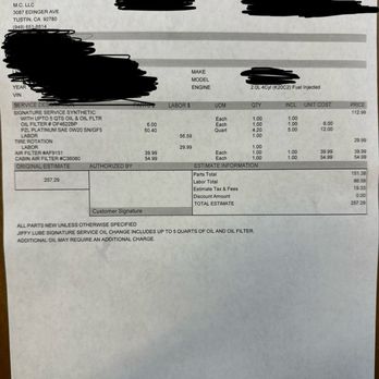 Jiffy Lube Oil Change - Crazy to charge this much - Oil Change Stations Near Me - Tustin, California