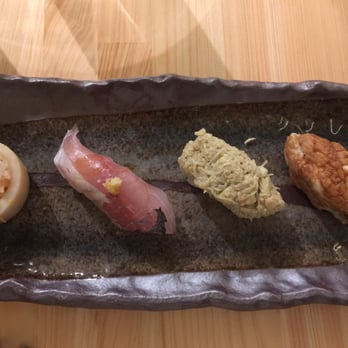 Shoushin - 3rd sushi course: left to right: ika, aji, kani and unagi - Japanese Near Me - Toronto, Ontario