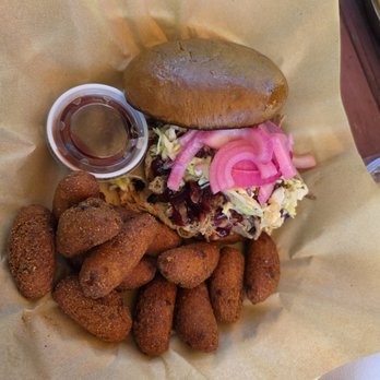 Smokin' Joe Lasher - Pulled pork cherry BBQ style with hushpuppies - Food Trucks Near Me - Mars Hill, North Carolina