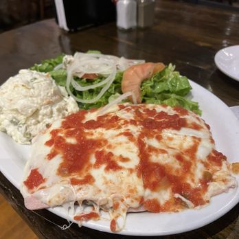 Sabores Del Plata - Milanesa napolitana with ensalada rusa and salad - Latin American Near Me - Norcross, Georgia Sabores Del Plata - Milanesa napolitana with ensalada rusa and salad - Latin American Near Me - Norcross, Georgia
