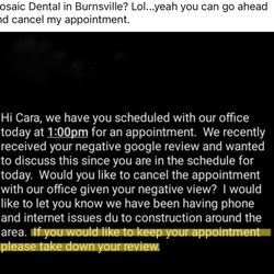 Mosaic Dental - Nicollet - Retaliating against honest but negative reviews is disgraceful
