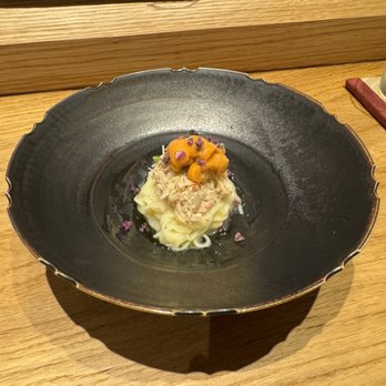 Icca - Shiso flowers over Hokkaido Uni over Horsehair Crab over White Asparagus Angel hair. The noodles tasted more like buckwheat and had a bite. - Japanese Near Me - New York, New York