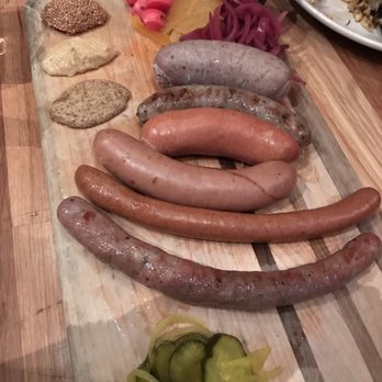 Schroeder's - Sausage Platter ($40) - bratwurst, knackwurst, frankfurter, weisswurst, nurnberger brat, kasekrainer, pickles, sauerkraut, mustards - Pubs Near Me - San Francisco, California