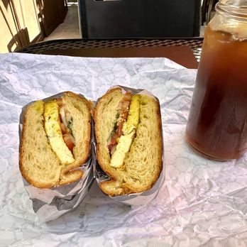 Little Barn Coffee House - My vegan croissant tofu sandwich and an iced americano - Coffee & Tea Near Me - Los Angeles, California