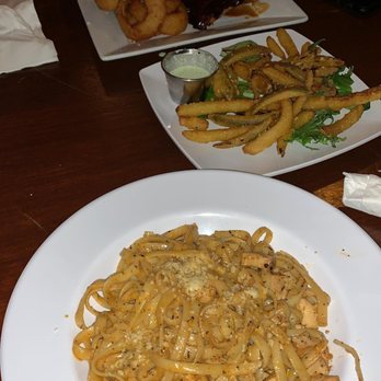 The Blue Beet - Fettuccine and ribs (back)  The middle was pickle fries - American Near Me - Newport Beach, California
