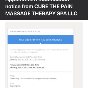 Cure The Pain - Email Notification of Appointment Change without my consent nor prior notification - Massage Therapy Near Me - Seal Beach, California