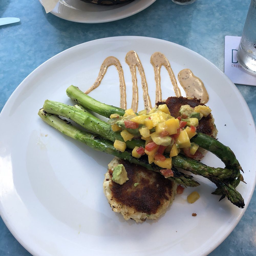 Deck 84 - Jumbo Lump Crab Cake - came with two crab cakes, asparagus, and a mango red pepper salsa. Delicious! - New American Near Me - Delray Beach, Florida